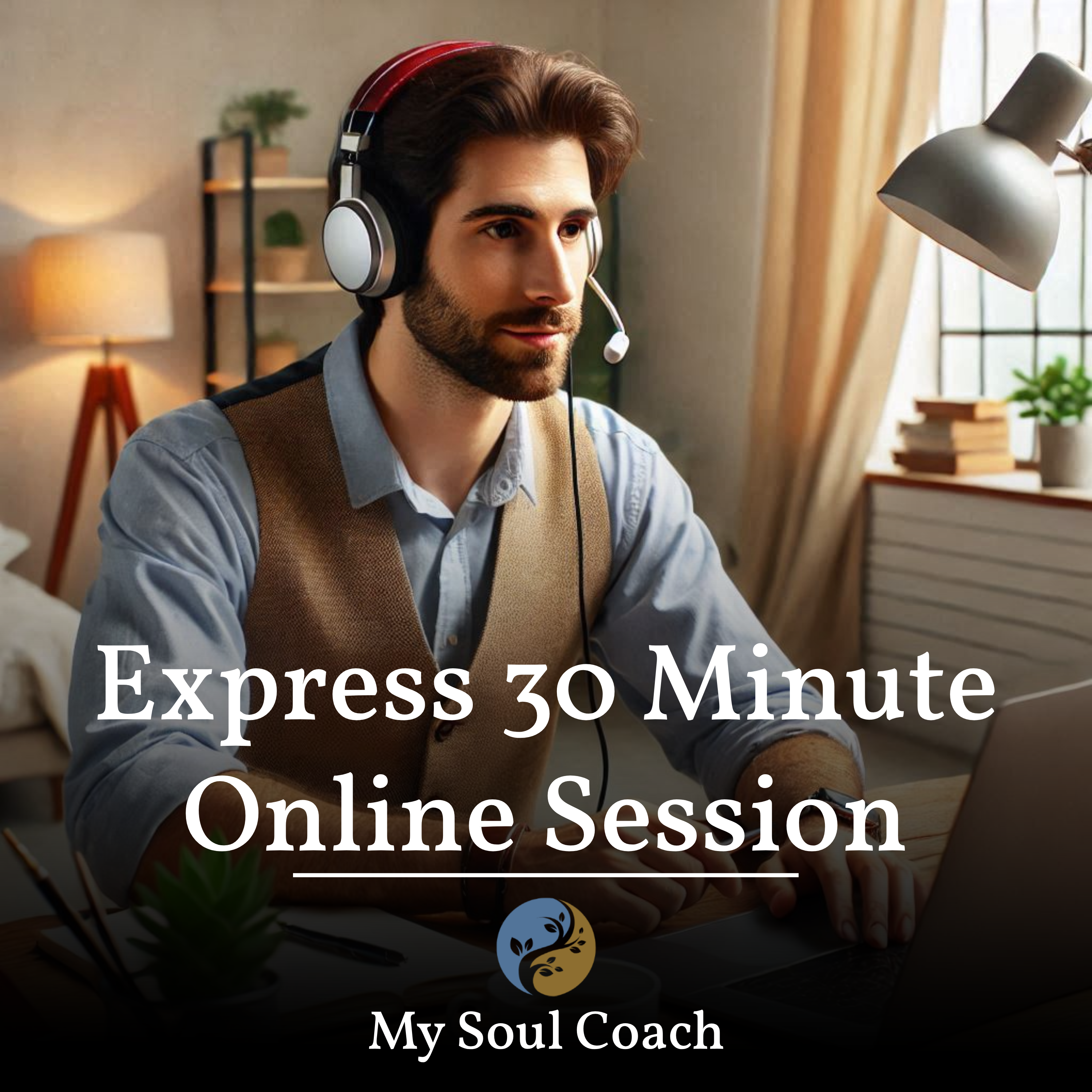 Man wearing a headset in a home office – Express 30-minute online hypnotherapy session for stress relief, focus, and relaxation.