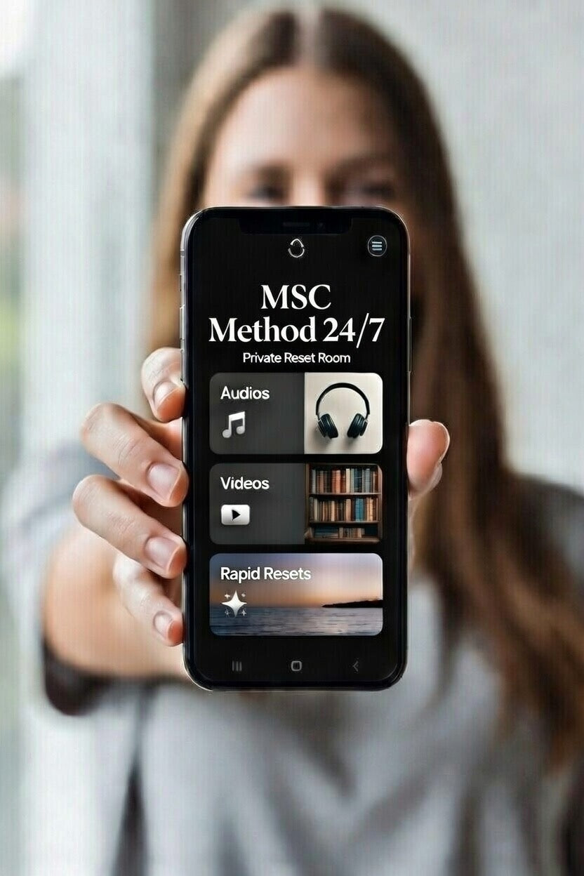 woman showing a phone screen with MSC Method 24/7, private reset room, audios, videos and rapid resets
