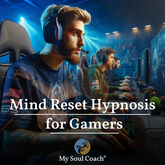 Male esports gamer wearing headphones focused on screen during competitive match, with teammates beside him and gaming setup in front. Text overlay: Mind Reset Hypnosis for Gamers by My Soul Coach.”
