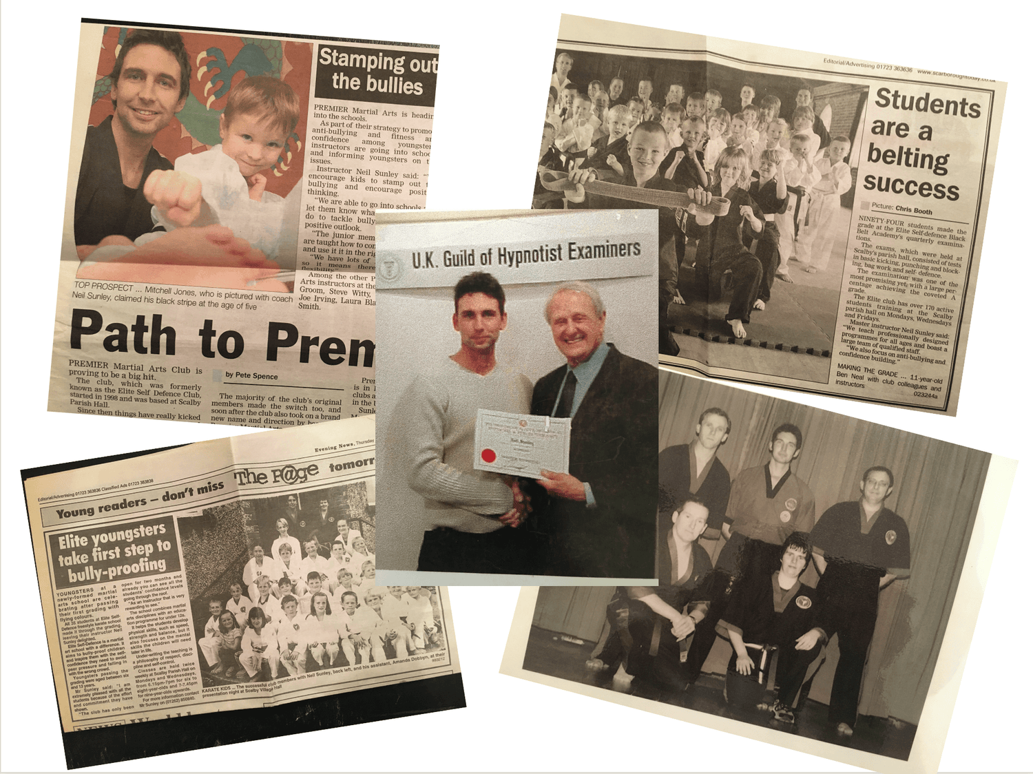 Newspaper articles featuring Neil Sunley coaching youth martial arts, anti-bullying, and confidence programs in Yorkshire.