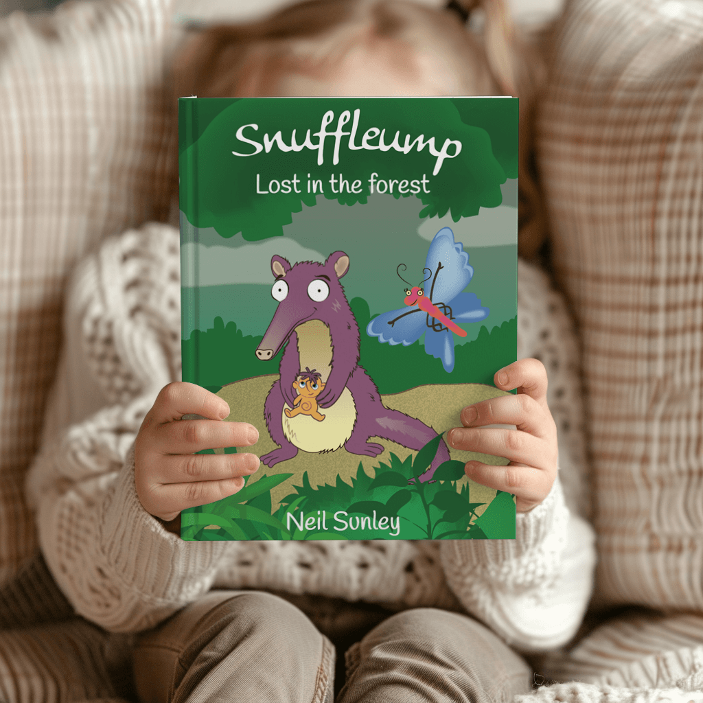 Snuffleump book held by a child on a sofa