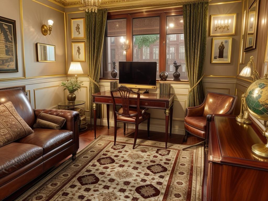 A warm, inviting therapy room with elegant decor, a comfortable leather sofa, a classic wooden desk, and soft lighting, creating a calming space for anxiety relief sessions.