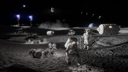 Astronauts working on the lunar surface in a NASA Moon Base concept