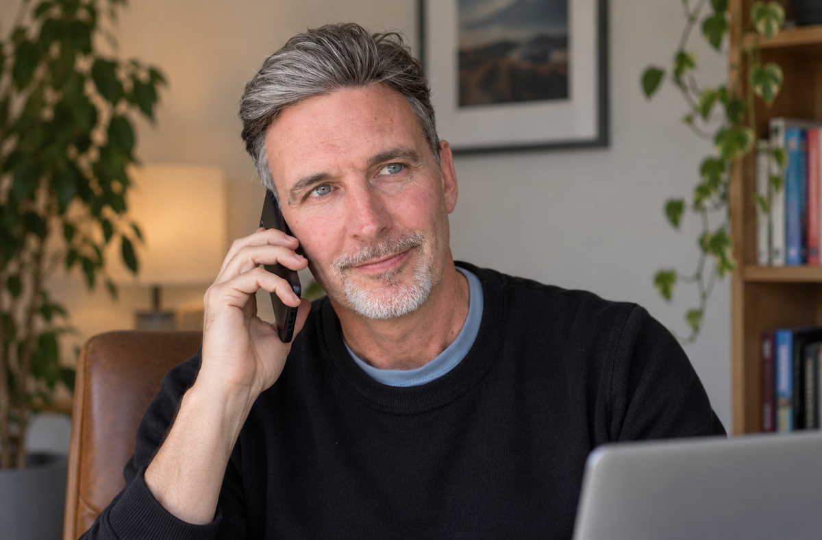 Neil Sunley MSc, performance psychology consultant, conducting a telephone consultation