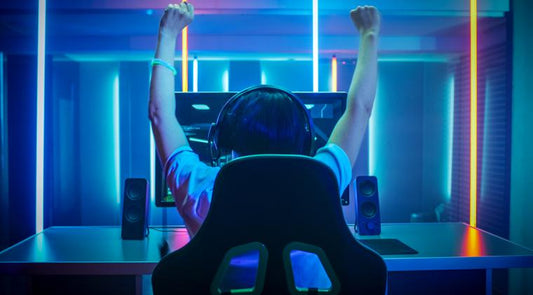 Gamer sat at a gaming table hands in the air celebrating a win