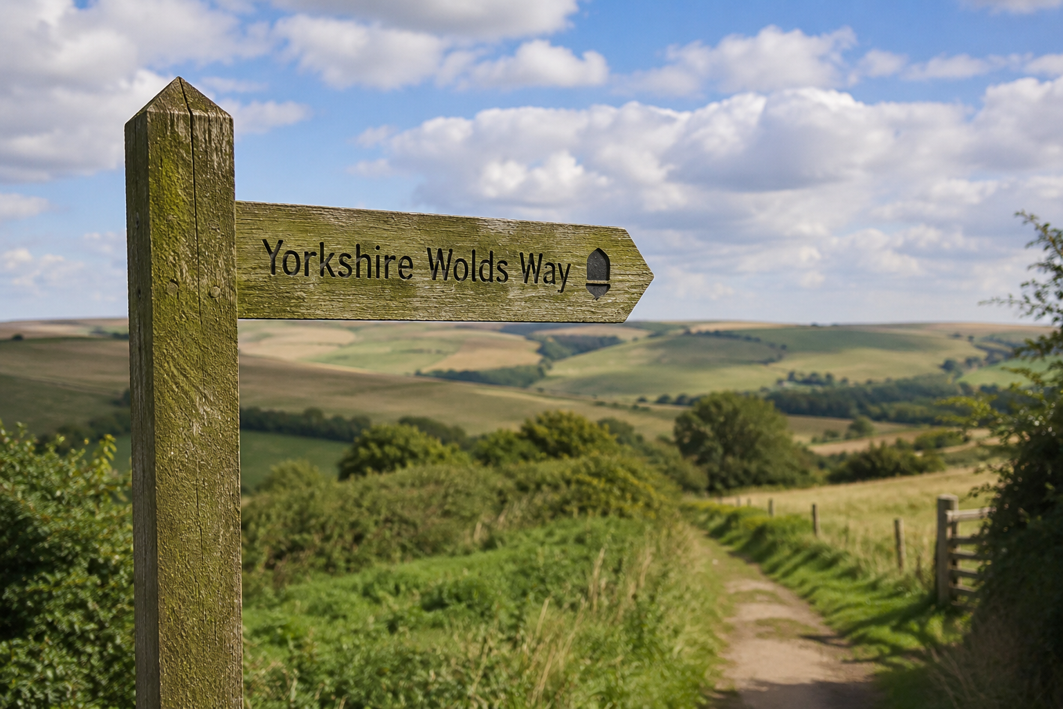Wooden sign pointing to 'Yorkshire Wolds Way' with a scenic landscape in the background.