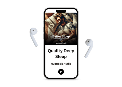 Smartphone displaying ‘Better Sleep – Quality Deep Sleep Hypnosis Audio’ by My Soul Coach, with an image of a peaceful man sleeping under soft bedding and wireless earbuds on either side, promoting guided hypnosis for restful sleep.